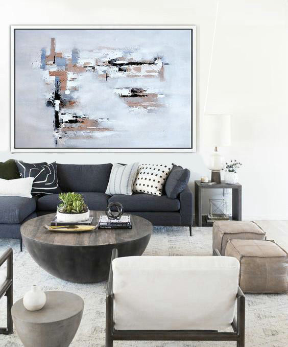 Large Contemporary Art Acrylic Painting,Oversized Horizontal Contemporary Art,Hand-Painted Canvas Art,White,Grey,Beige.etc